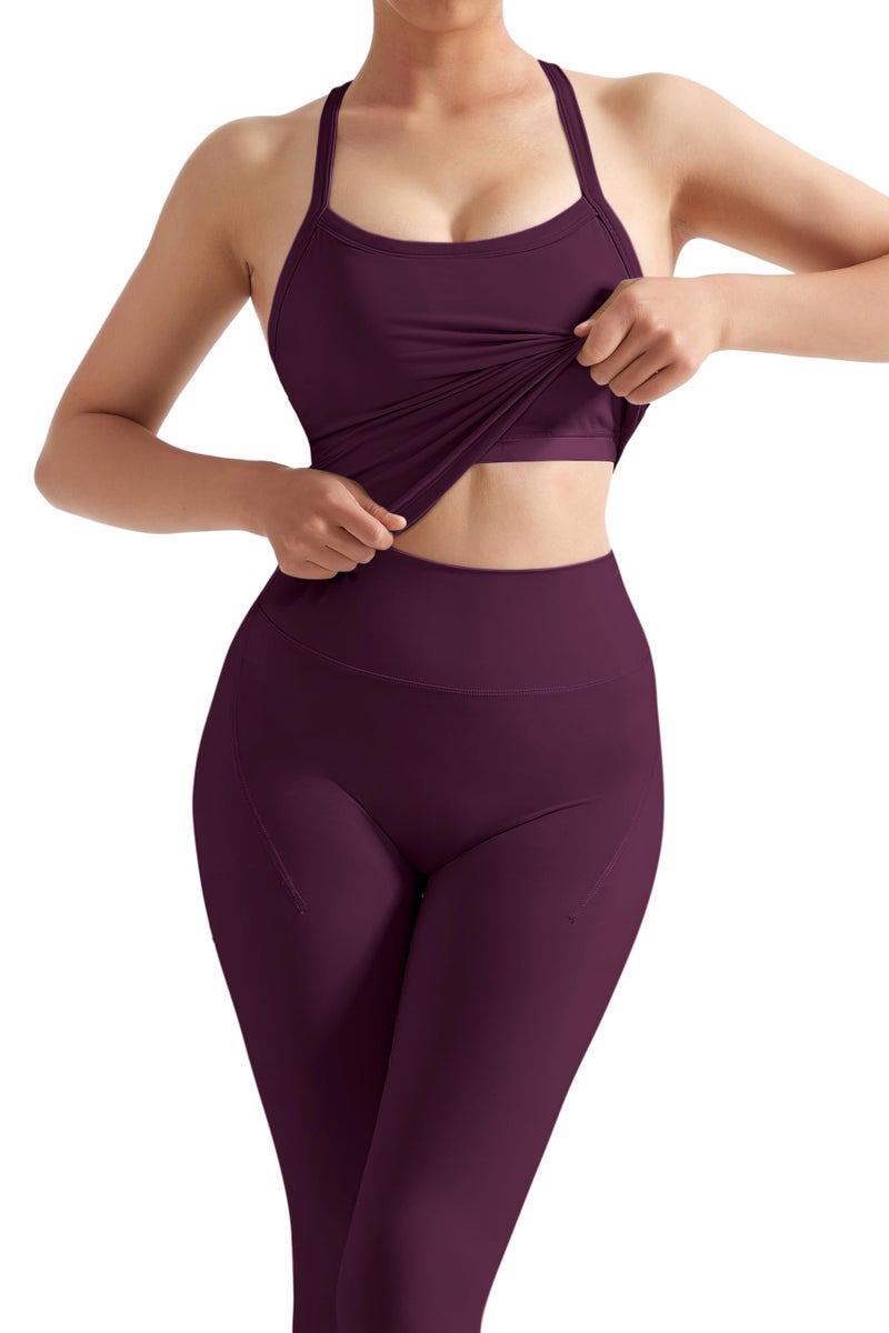 SUUKSESS Women 2 Piece Workout Sets Compression Tummy Control Leggings with Pockets Halter Built in Bra Tank Tops Sports Bra Scrunch Butt Lifting Yoga Pants (Violet, M) - Image 4