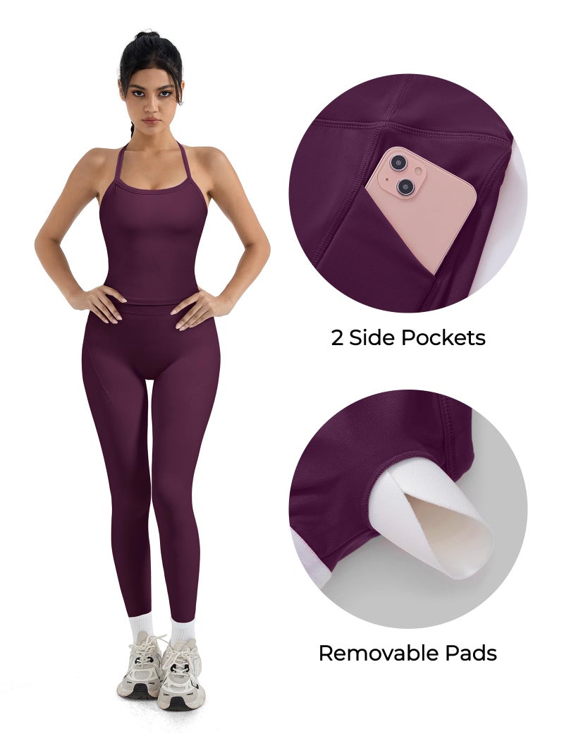 SUUKSESS Women 2 Piece Workout Sets Compression Tummy Control Leggings with Pockets Halter Built in Bra Tank Tops Sports Bra Scrunch Butt Lifting Yoga Pants (Violet, M) - Image 2