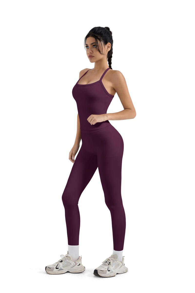 SUUKSESS Women 2 Piece Workout Sets Compression Tummy Control Leggings with Pockets Halter Built in Bra Tank Tops Sports Bra Scrunch Butt Lifting Yoga Pants (Violet, M) - Image 5