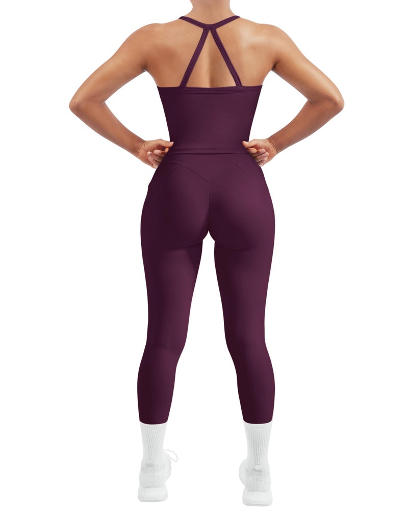 SUUKSESS Women 2 Piece Workout Sets Compression Tummy Control Leggings with Pockets Halter Built in Bra Tank Tops Sports Bra Scrunch Butt Lifting Yoga Pants (Violet, M) - Image 1