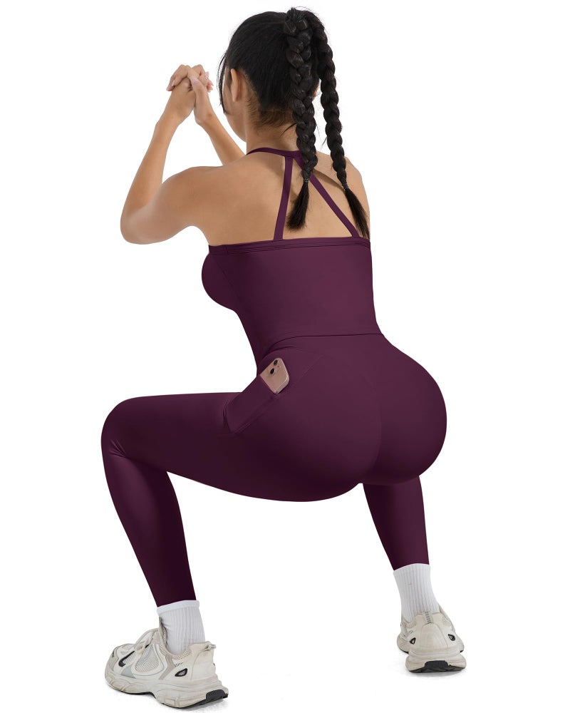 SUUKSESS Women 2 Piece Workout Sets Compression Tummy Control Leggings with Pockets Halter Built in Bra Tank Tops Sports Bra Scrunch Butt Lifting Yoga Pants (Violet, M) - Image 3