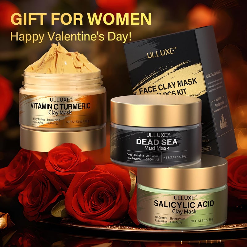 ulluxe Facial Clay Mask Set - Vitamin C Turmeric Face Mask, Dead Sea Mud & Salicylic Acid (BHA) Mask for Pore Cleansing, Brightening, Blackheads & Dark Spots, Face Masks Skincare Gift for Women, 2.82 oz each - Image 2