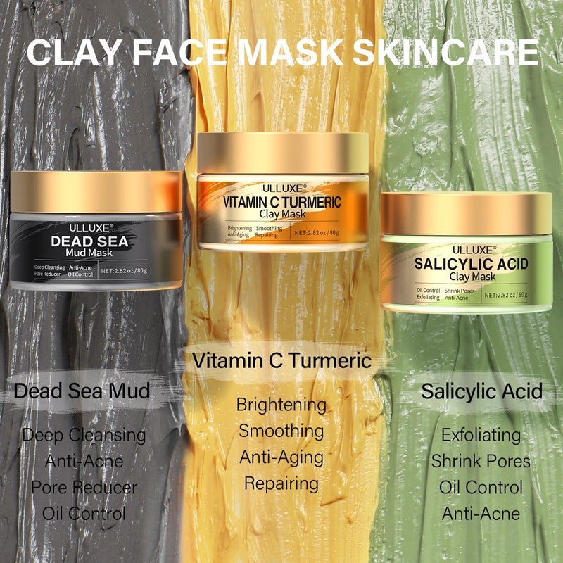 ulluxe Facial Clay Mask Set - Vitamin C Turmeric Face Mask, Dead Sea Mud & Salicylic Acid (BHA) Mask for Pore Cleansing, Brightening, Blackheads & Dark Spots, Face Masks Skincare Gift for Women, 2.82 oz each - Image 3