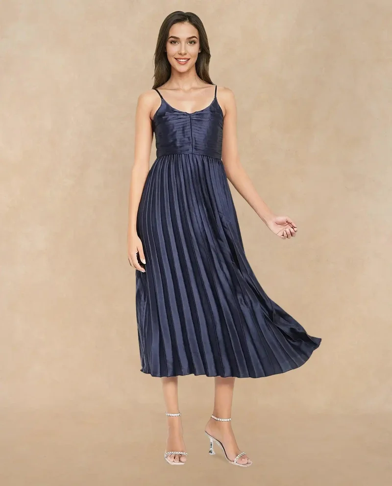 Rareism Women's Pleated Strappy Midi Party Dress