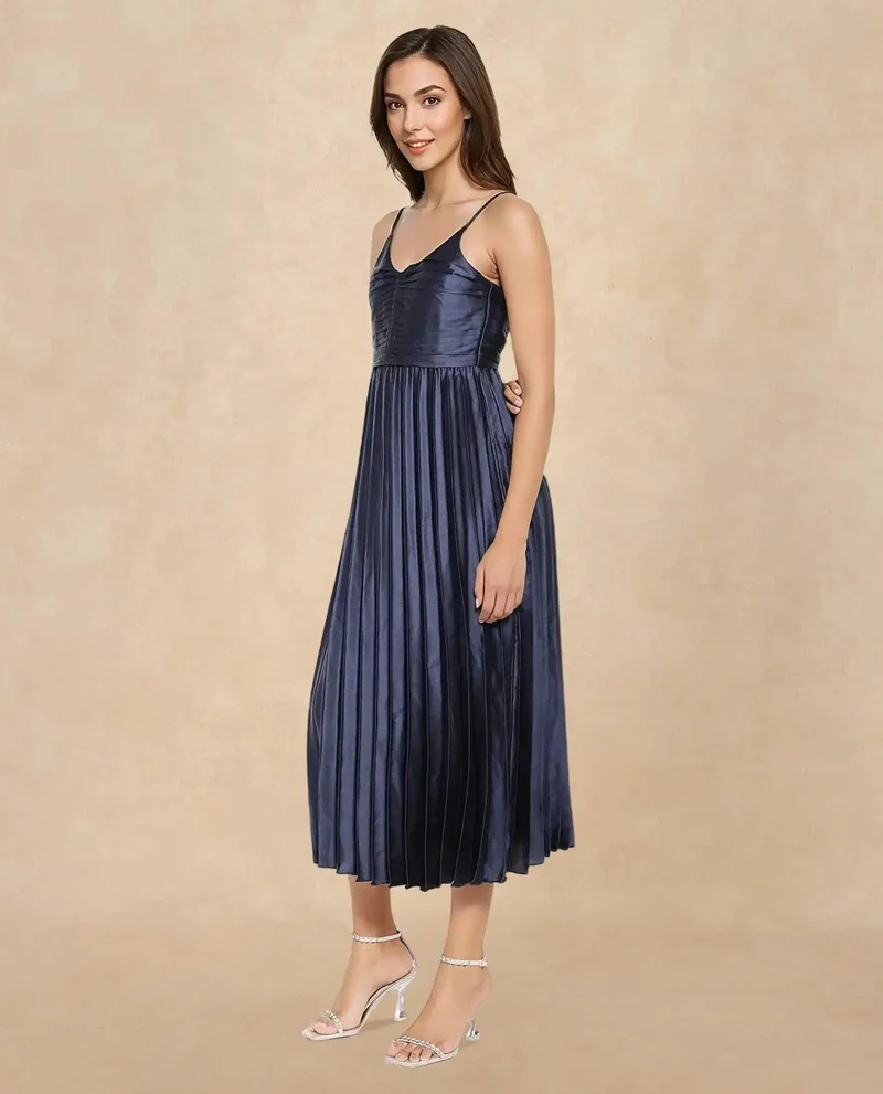 Rareism Women's Pleated Strappy Midi Party Dress