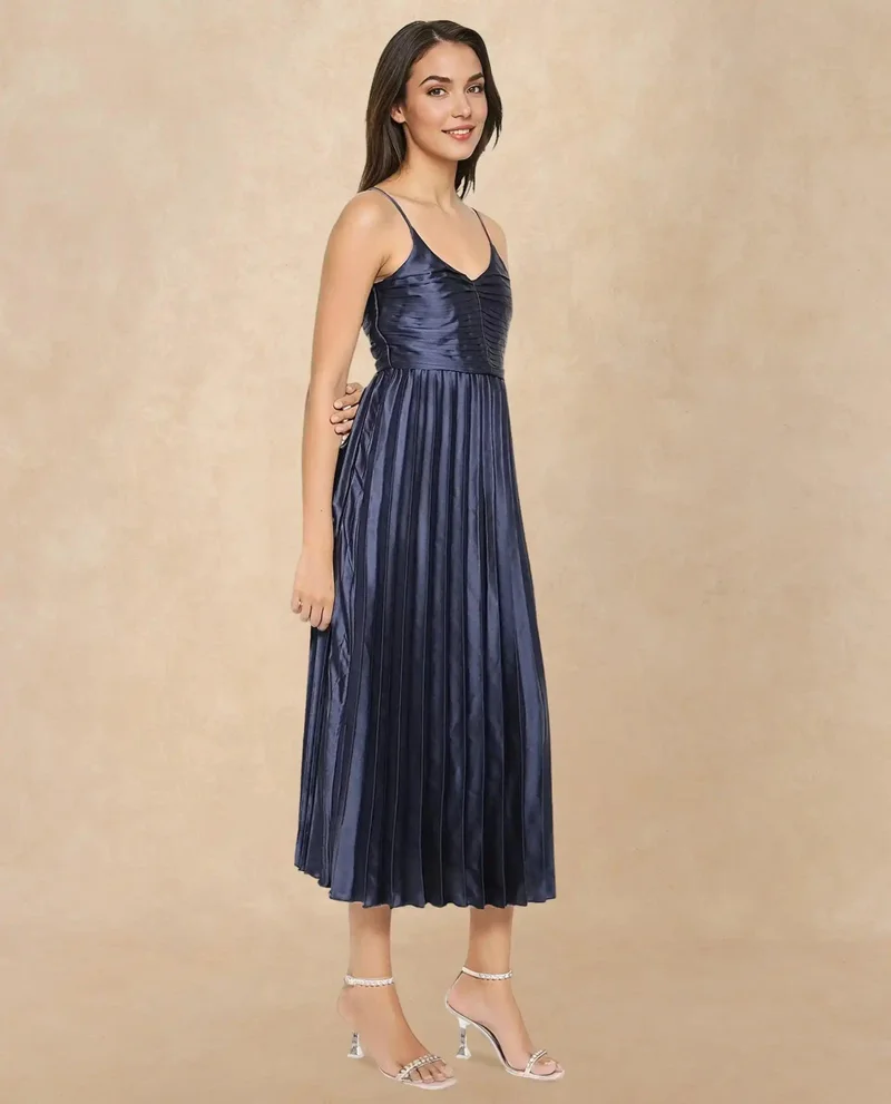 Rareism Women's Pleated Strappy Midi Party Dress