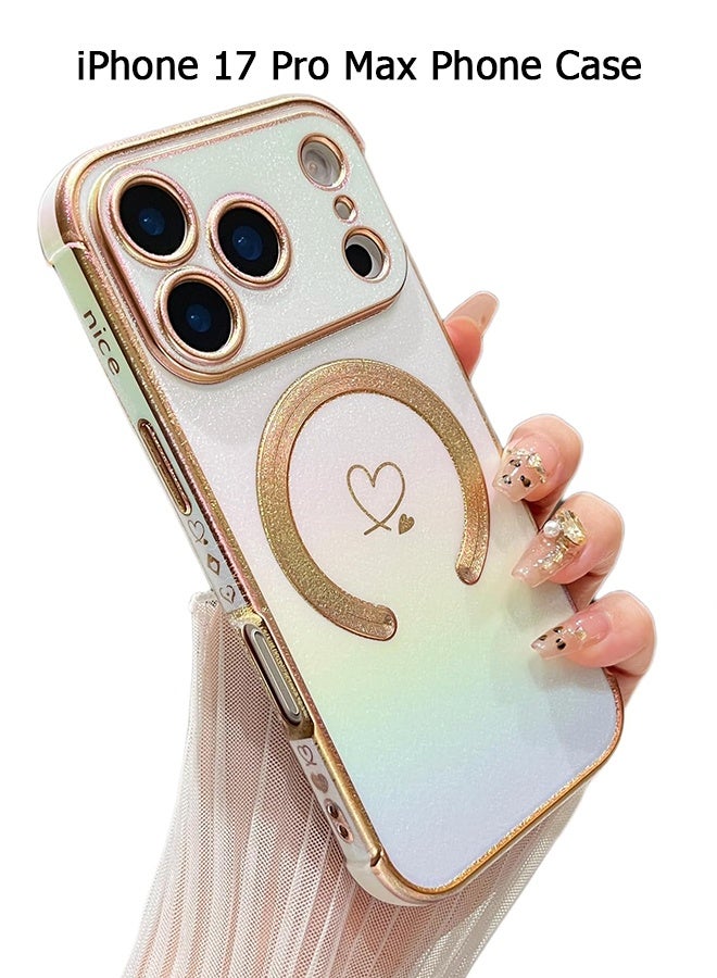 Compatible with iPhone 17 Pro Max Cases [Compatible with MagSafe] - Cute Luxruy Iridescent Case with Love Hearts Pattern, Plating Edge Camera Lens Protection Shockproof Phone Case - White