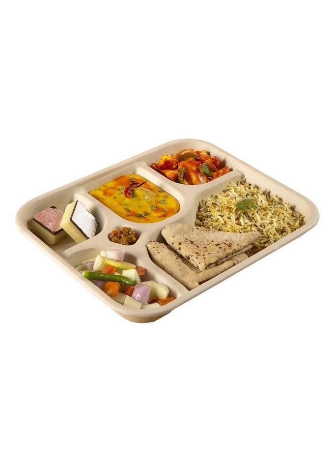 SANWALSA [5-Compartment, 15 Count, Beige Disposable Bagasse Plates | Eco-Friendly Sugarcane Meal Tray for Wedding, Party, Picnic, Event | Mess-Free Sections - Image 1