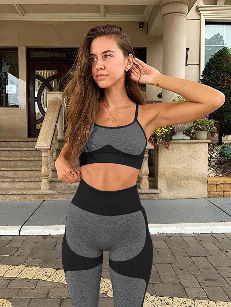 OLCHEE Womenâ€™s Workout Sets 2 Piece - Seamless Yoga Leggings and Cross-Strap Sports Bra Gym Outfits Activewear Matching Set - Black Large - Image 4