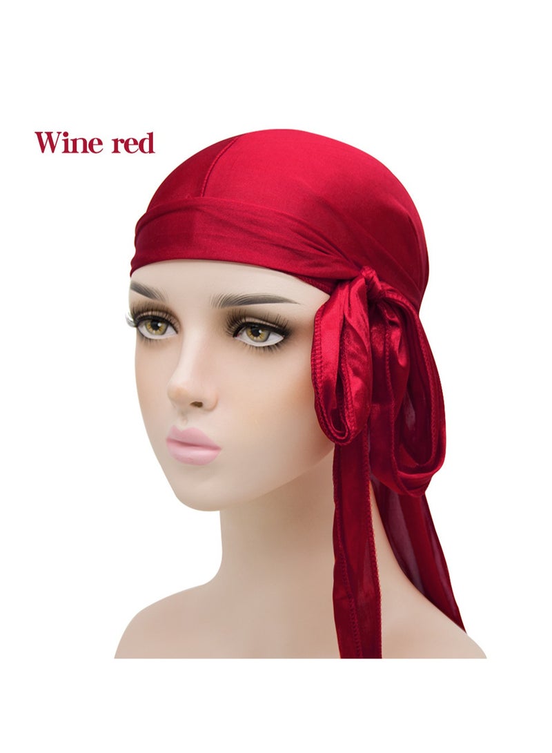 Red Men'S And Women'S Silk Satin Pirate Hat Long Tail Decorative Headscarf Elastic Beanie Wave Headscarf - Image 1