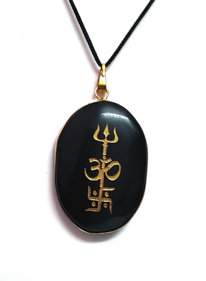 ASTROGHAR Auspicious Protective Black Tourmaline Crystal Engraved Tri shakti Symbol Om Swastik Trishul Pendant For Men And Women - Image 1