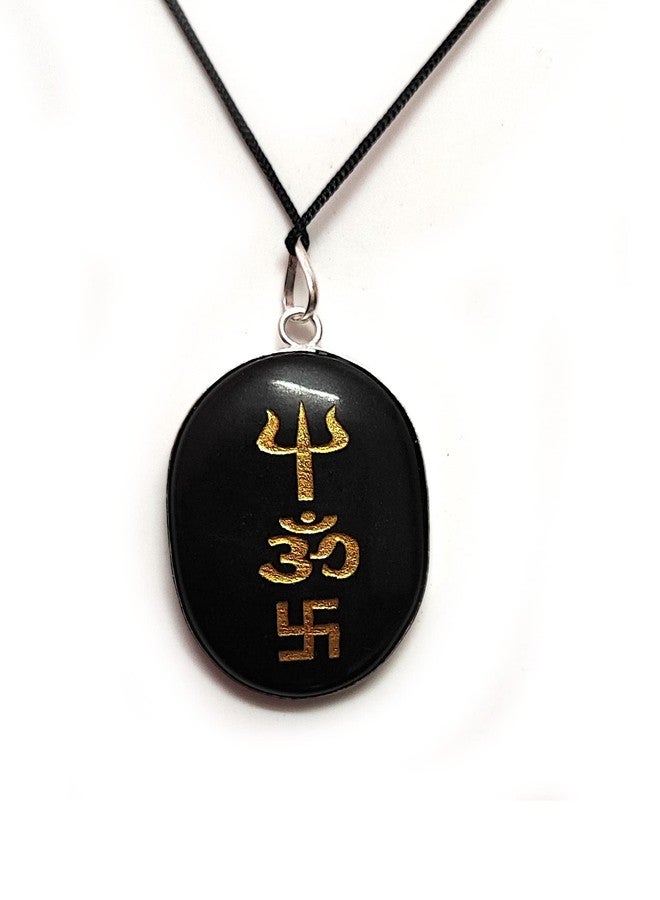 ASTROGHAR Auspicious Protective Black Tourmaline Crystal Engraved Tri shakti Symbol Om Swastik Trishul Pendant For Men And Women - Image 2