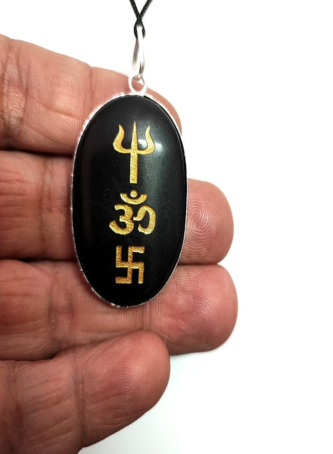 ASTROGHAR Auspicious Protective Black Tourmaline Crystal Engraved Tri shakti Symbol Om Swastik Trishul Pendant For Men And Women - Image 3