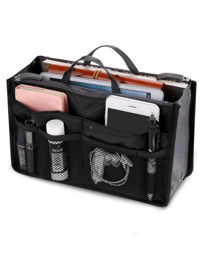 JTWEB New_Soul للسيدات منظم حقيبة يد للسفر وحقيبة مرتبة وبطانة مستحضرات التجميل 13 جيبًا أسود - Image 3