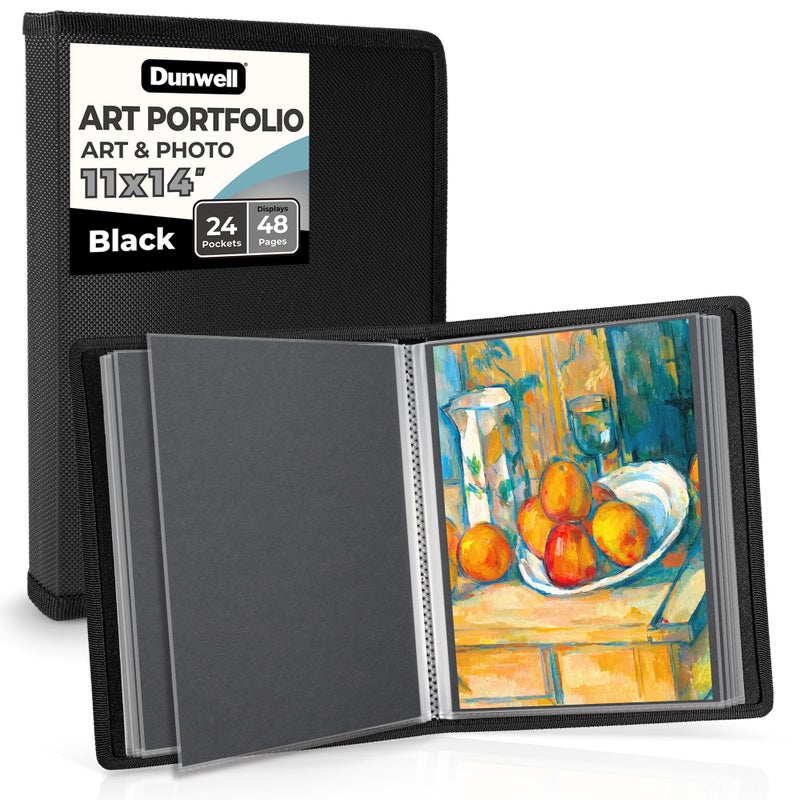 Dunwell 11x14 Art Portfolio Binder with Mounting Paper Black Large Portfolio Folder for Artwork Storage 24 Sleeves Displays 48 Pages 11 x 14 Presentation Book AcidFree Poly