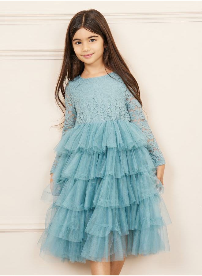 Styli Lace Detail Mesh Insert Ruffle Layer Tiered Dress  - Image 2