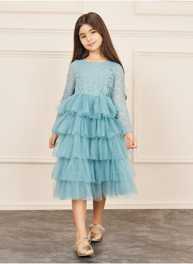 Styli Lace Detail Mesh Insert Ruffle Layer Tiered Dress  - Image 1