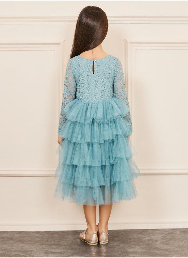 Styli Lace Detail Mesh Insert Ruffle Layer Tiered Dress  - Image 4