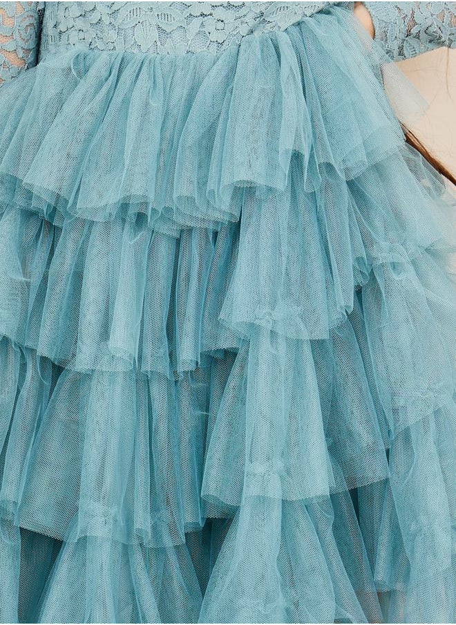 Styli Lace Detail Mesh Insert Ruffle Layer Tiered Dress  - Image 3