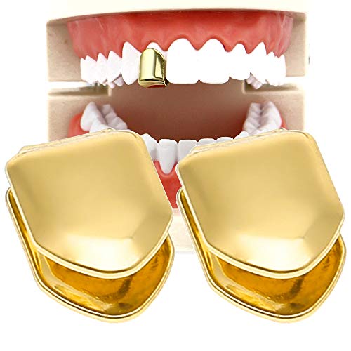 TCOTBE 2 Pieces 14K Plated Gold Grillz Mouth Teeth Hip Hop Teeth Plain Top Tooth Single Grill Cap for Teeth Mouth Party Accessories Teeth Grills Color Gold - Image 1