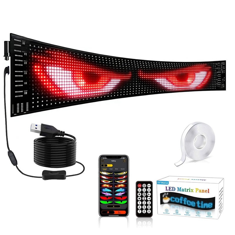 مصباح عيون الشيطان للشاحنة، ضوء تمرير ديناميكي للسيارة 90 × 19.2 سم، علامات ضوء عين LED قابلة للبرمجة مع عرض صور DIY والأوقات، تحكم عن بعد بلوتوث - Image 1