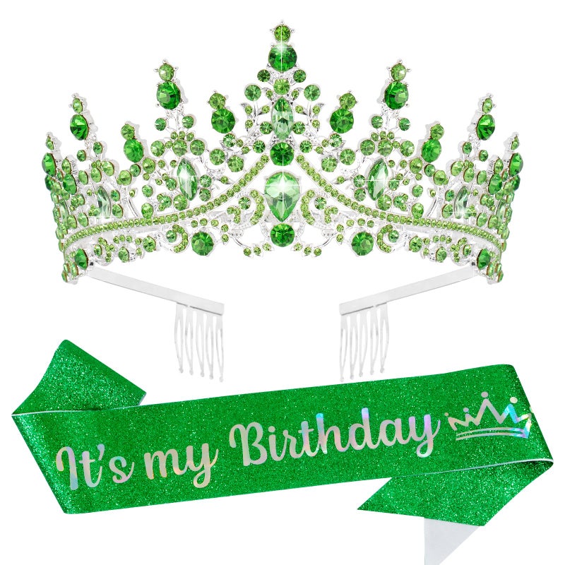 VELSCRUN Green Crystal Birthday Tiara Crowns for Women Girls It's My Birthday Sash Queen Girls Princess Crown with Combs Happy Birth Party Decorations Mom Sisters Birth Gift Hair Accessories - Image 1