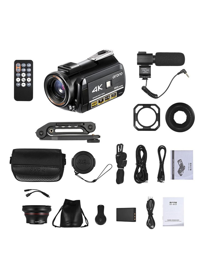 ORDRO - 4K WiFi Digital Video Camera Camcorder DV Recorder 30MP 30X Zoom IR Night Vision 3.0 Inch IPS LCD Touchscreen with 2pcs Rechargeable Batteries + Extra 0.39X Wide Angle Lens + External Microp - Image 1