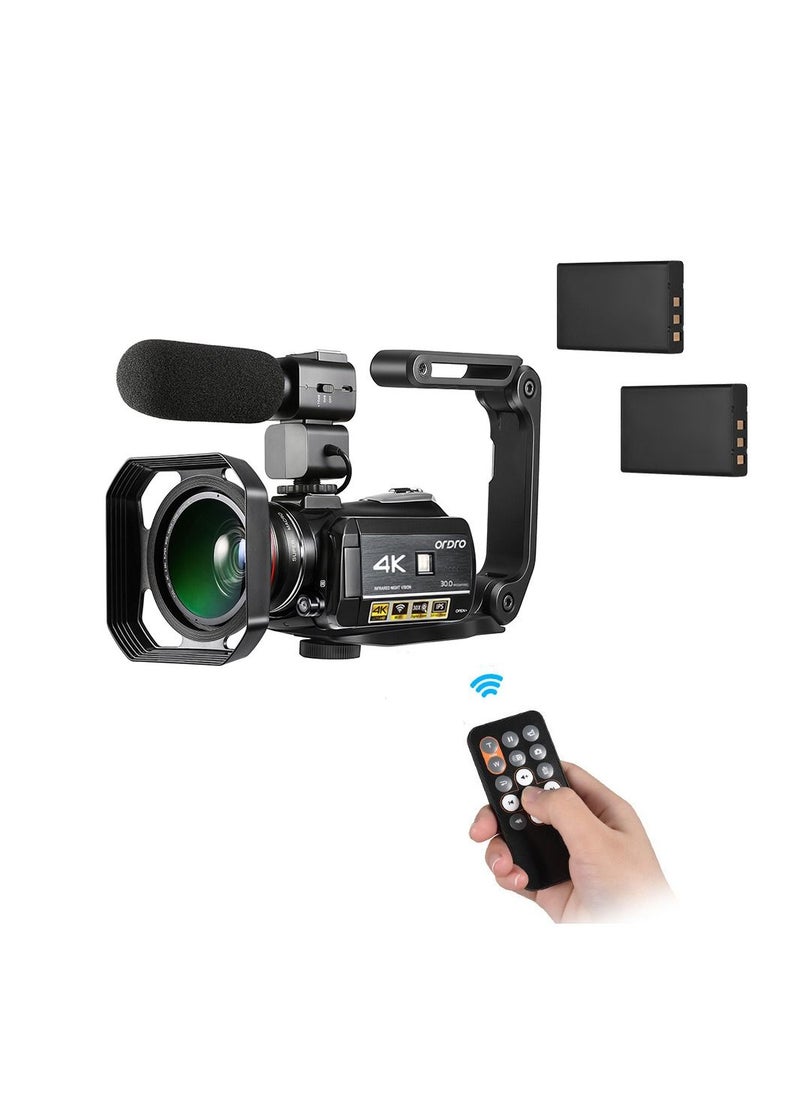 ORDRO - 4K WiFi Digital Video Camera Camcorder DV Recorder 30MP 30X Zoom IR Night Vision 3.0 Inch IPS LCD Touchscreen with 2pcs Rechargeable Batteries + Extra 0.39X Wide Angle Lens + External Microp - Image 1