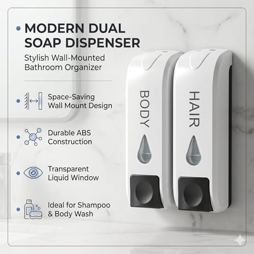 JERN Soap Dispenser for Shower Gel and Shampoo or Conditioner ABS Wall Mount White (Double) - Image 4