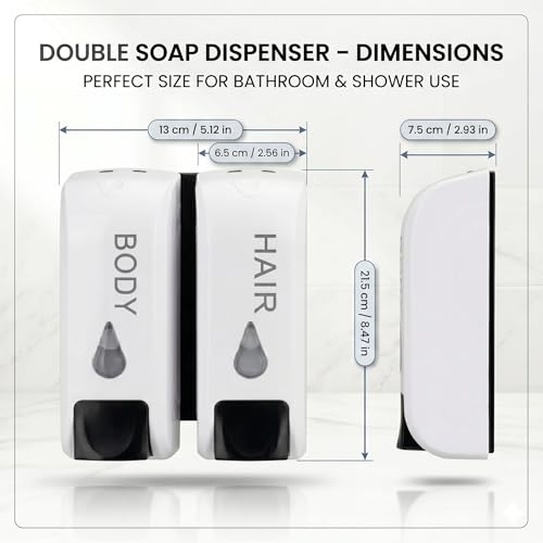JERN Soap Dispenser for Shower Gel and Shampoo or Conditioner ABS Wall Mount White (Double) - Image 2
