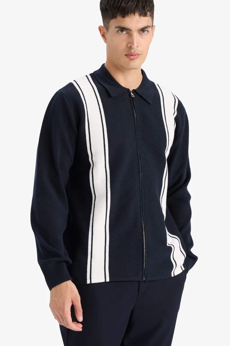 Standard Fit Polo Neck Zip Up Striped Cardigan