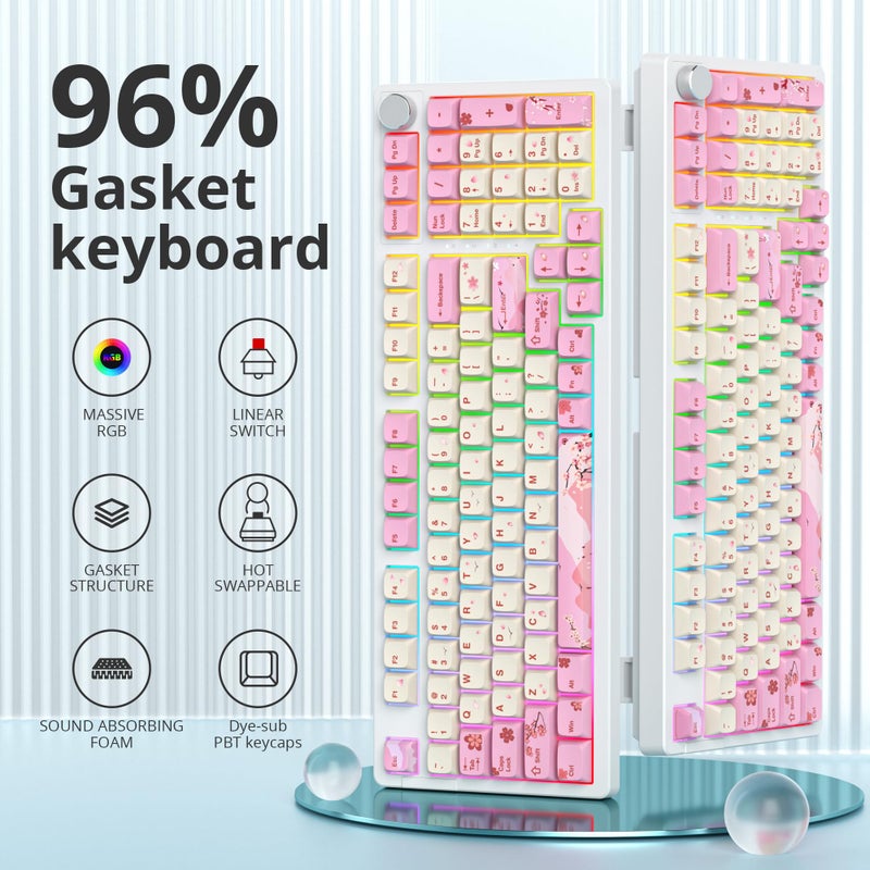 surmen Pink Creamy Keyboard with with Number Pad, 96% RGB Full Gasket Mounted Hot Swappable Custom Wired Thocky Keyboard with Knob for Office Gamer (98 Ying) - Image 2