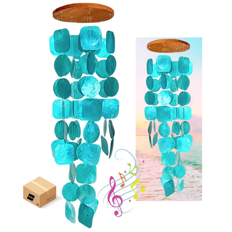 Bellaa 20744 Wind Chimes Outdoor Garden Decorations Musical IndoorOutside Windchimes Beach Ocean Breeze Gifts for Mom Gift for All Occasions Capiz Sea Glass Shells Wood Turquoise Blue