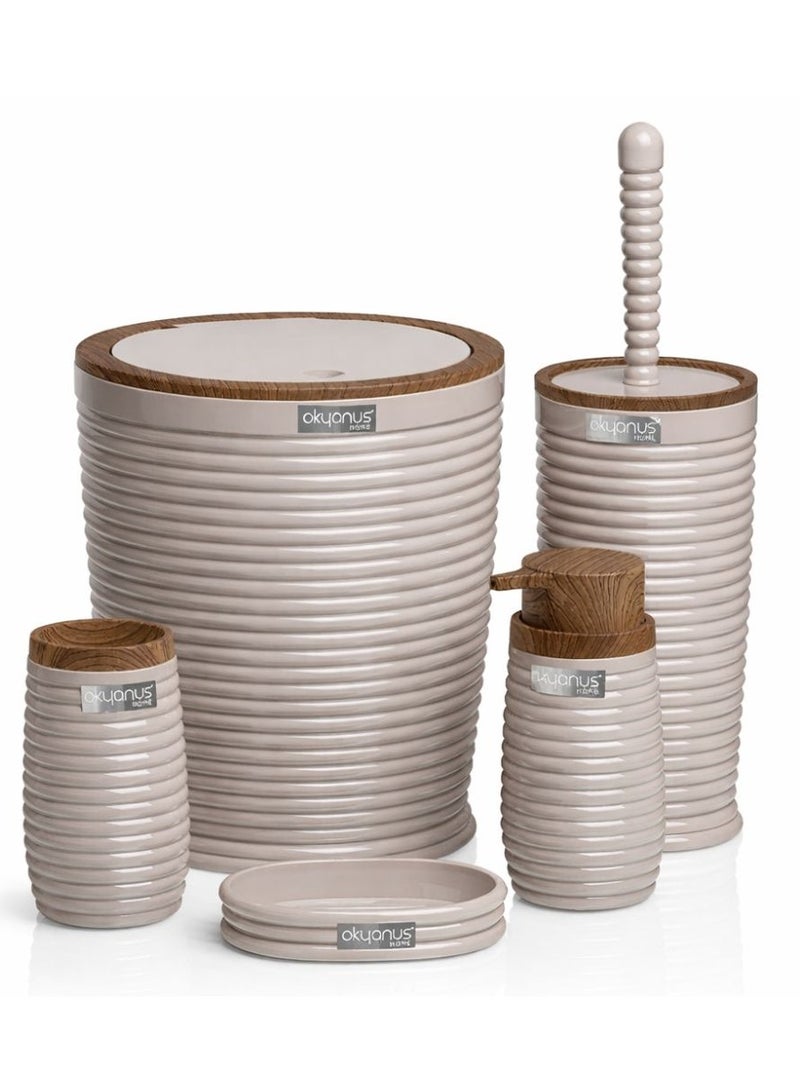 5 Piece bathroom accessories set with wooden accent  modern ribbed design with trash can toilet brush soap dispenser & holders  stylish bathroom decor beige - Image 1