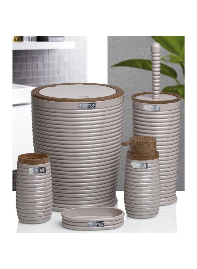 5 Piece bathroom accessories set with wooden accent  modern ribbed design with trash can toilet brush soap dispenser & holders  stylish bathroom decor beige - Image 2