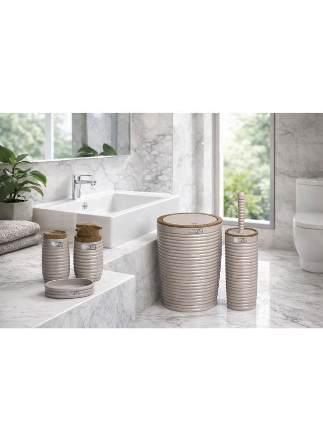 5 Piece bathroom accessories set with wooden accent  modern ribbed design with trash can toilet brush soap dispenser & holders  stylish bathroom decor beige - Image 3