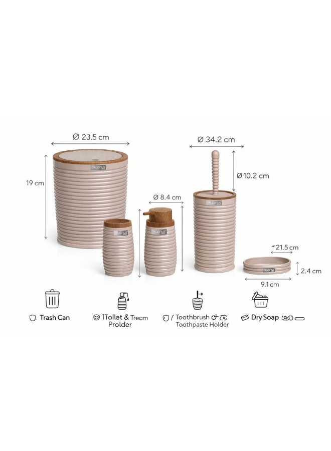 5 Piece bathroom accessories set with wooden accent  modern ribbed design with trash can toilet brush soap dispenser & holders  stylish bathroom decor beige - Image 5