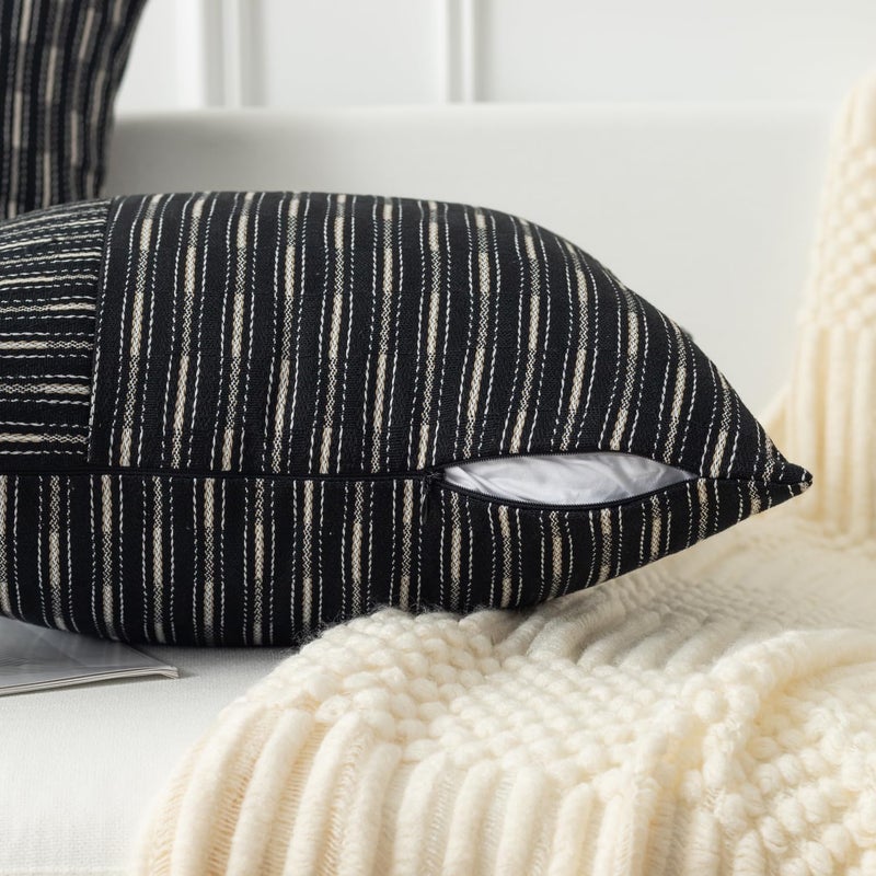 K KEVIN TEXTILE Kevin Textile Ink Black and Beige Patchwork Farmhouse Pillow Covers 20x20 Inch  Pack of 2 Striped Linen Decorative Modern Accent Pillow Cases for Sofa Couch Bedroom  - Image 3