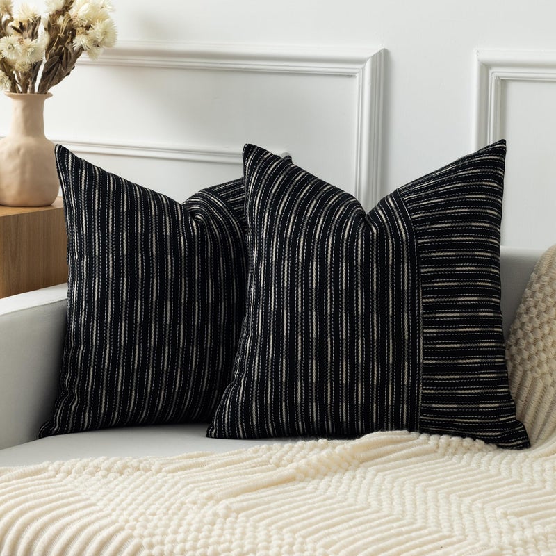 K KEVIN TEXTILE Kevin Textile Ink Black and Beige Patchwork Farmhouse Pillow Covers 20x20 Inch  Pack of 2 Striped Linen Decorative Modern Accent Pillow Cases for Sofa Couch Bedroom  - Image 1
