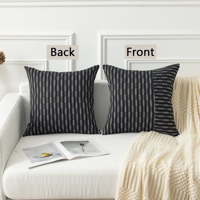 K KEVIN TEXTILE Kevin Textile Ink Black and Beige Patchwork Farmhouse Pillow Covers 20x20 Inch  Pack of 2 Striped Linen Decorative Modern Accent Pillow Cases for Sofa Couch Bedroom  - Image 4