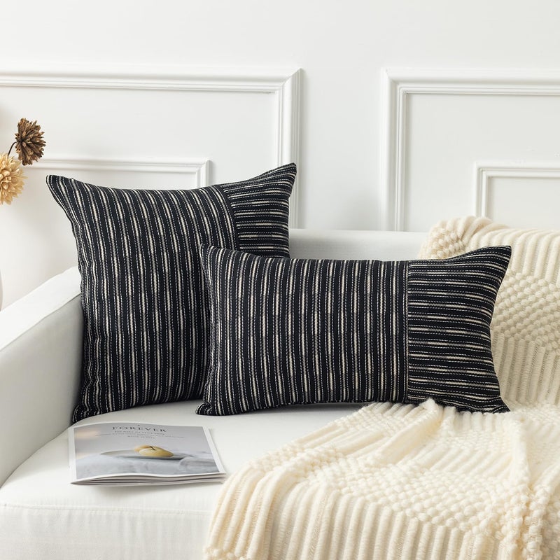 K KEVIN TEXTILE Kevin Textile Ink Black and Beige Patchwork Farmhouse Pillow Covers 20x20 Inch  Pack of 2 Striped Linen Decorative Modern Accent Pillow Cases for Sofa Couch Bedroom  - Image 5