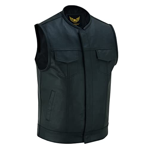 Leatherick Mens Leather Motorcycle Vest | SOA Club Style Biker Vest for Men with 8 Inside Pockets, Dual Closure Riding Gear (L, Black (Collarless)) - Image 1