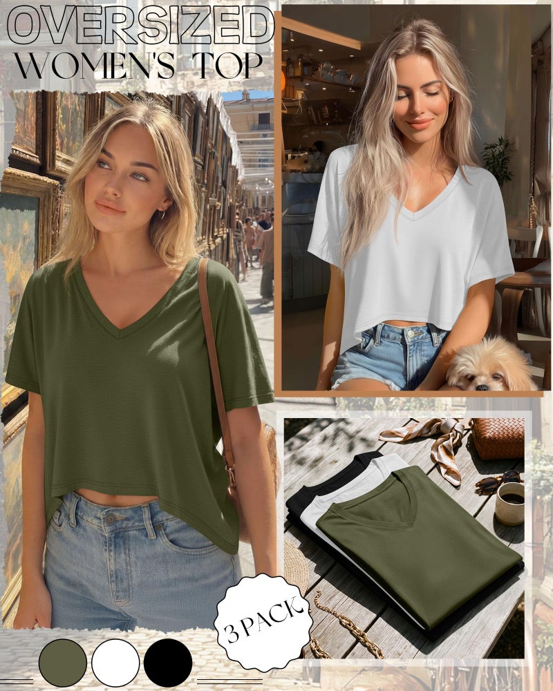 Huukeay 3 Pack Oversized T Shirts for Women Short Sleeve Crop Tops V Neck Tops Irregular Hem Baggy Basic Cropped Tees(Army Green, White, Black,M) - Image 5