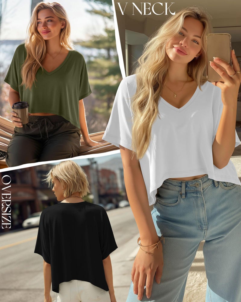 Huukeay 3 Pack Oversized T Shirts for Women Short Sleeve Crop Tops V Neck Tops Irregular Hem Baggy Basic Cropped Tees(Army Green, White, Black,M) - Image 2