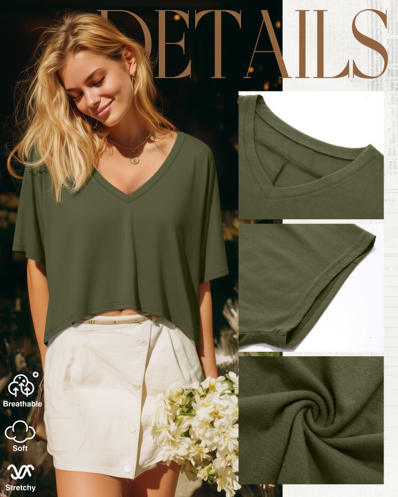 Huukeay 3 Pack Oversized T Shirts for Women Short Sleeve Crop Tops V Neck Tops Irregular Hem Baggy Basic Cropped Tees(Army Green, White, Black,M) - Image 3