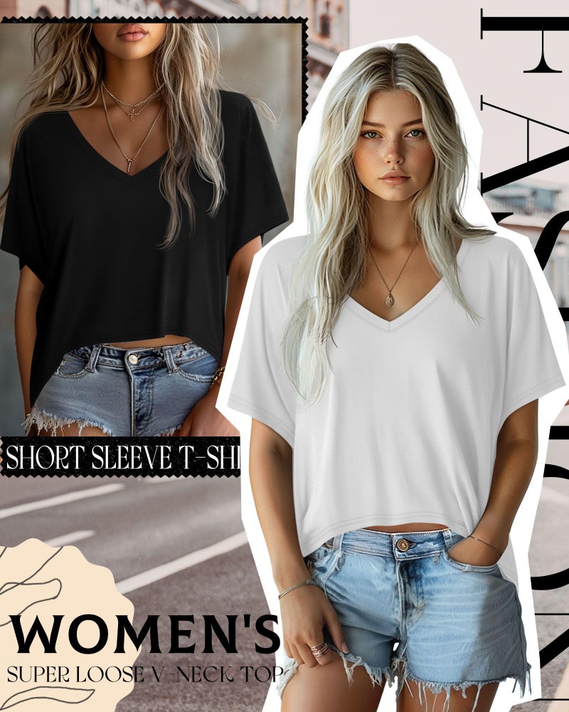 Huukeay 3 Pack Oversized T Shirts for Women Short Sleeve Crop Tops V Neck Tops Irregular Hem Baggy Basic Cropped Tees(Army Green, White, Black,M) - Image 4