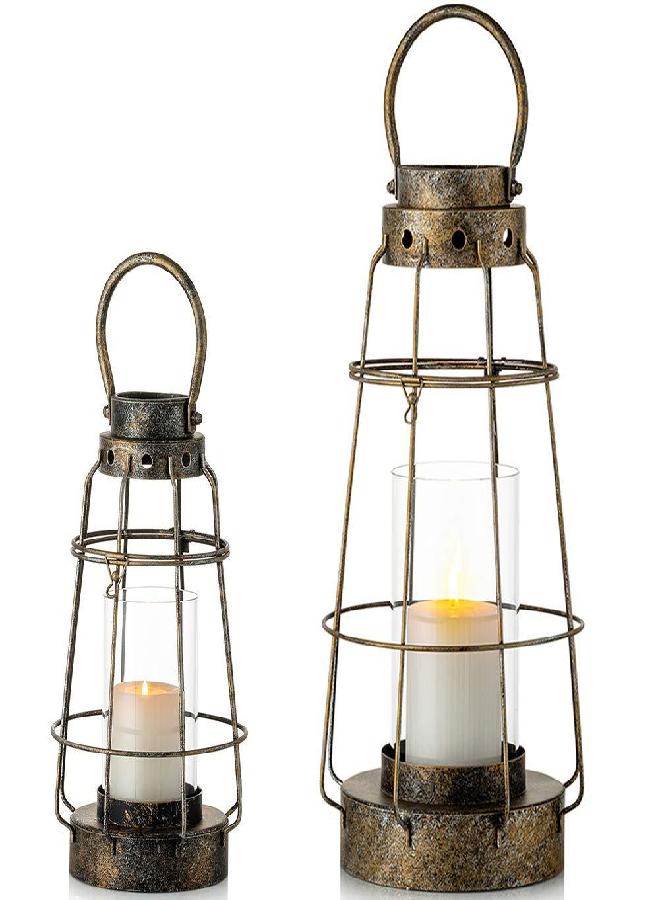 Nuptio Hurricane Candle Lantern Set, Hanging Candle Holder Rustic Farmhouse Style Lanterns Candleholder Indoor Outdoor for Vintage Wedding Birthday Party Garden Decoration, 2 Pcs