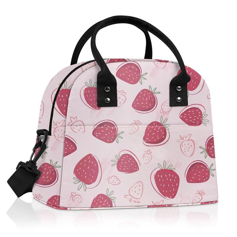 Clastyle Summer Women Lunch Box Bag Leaf Large Camping Adult Lunch Tote Insulated Cooler Bag for Office Work Picnic,Pink Strawberry - Image 1