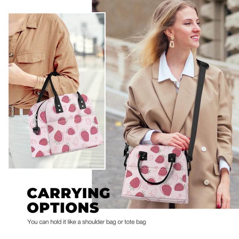 Clastyle Summer Women Lunch Box Bag Leaf Large Camping Adult Lunch Tote Insulated Cooler Bag for Office Work Picnic,Pink Strawberry - Image 2