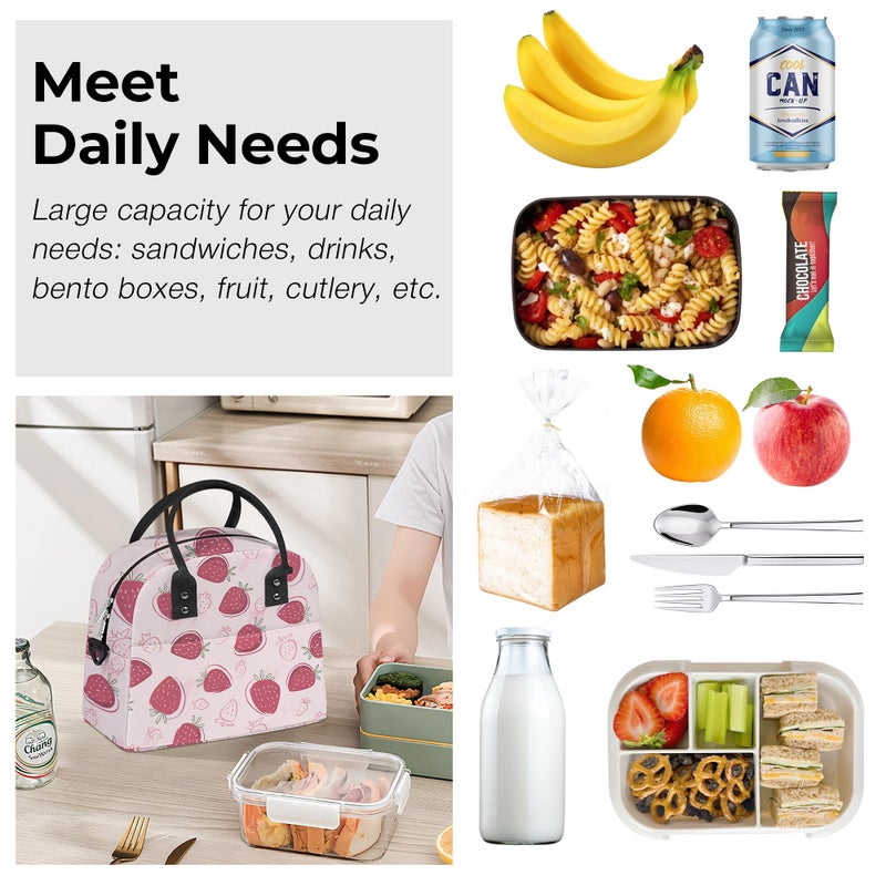 Clastyle Summer Women Lunch Box Bag Leaf Large Camping Adult Lunch Tote Insulated Cooler Bag for Office Work Picnic,Pink Strawberry - Image 4